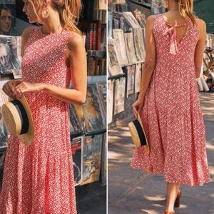 SÉZANE Josie Midi Dress - Daisy Red Background, tie back